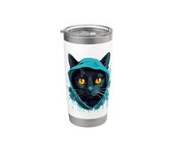 Gato Negro Ojos Amarillos Gato Feliz Vaso térmico de acero inoxidable de doble pared
