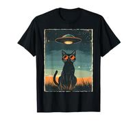 Gato Negro Retro Gafas de Sol Vintage Sci-Fi OVNI Espacio Camiseta