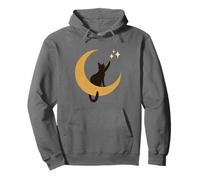 Gato Negro Sentado en la Luna Creciente Tratando de alcanzar Estrellas Sudadera con Capucha