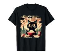 Gato negro sorprendido comiendo arroz mientras un OVNI invade el Japón retro Camiseta