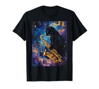 Gato Negro Toca Saxofón Música Jazz Skyline Ciudad Arte Camiseta
