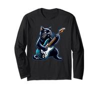 Gato negro tocando guitarra Rock and Roll Rock Star Design Manga Larga