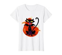 Gato Negro Vampiro con alas de murciélago, Edad atómica, Mediados de Siglo, Retro Camiseta gráfica económica, Mujer, Blanco, XS