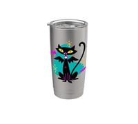 Gato negro vampiro retro de mediados de siglo con alas de murciélago Vaso térmico de acero inoxidable de doble pared