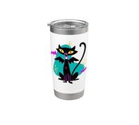 Gato negro vampiro retro de mediados de siglo con alas de murciélago Vaso térmico de acero inoxidable de doble pared