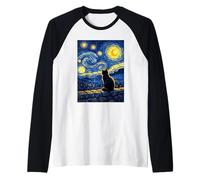 Gato Negro Van Gogh Noche Estrellada Pueblo Mágico Pacífico Camiseta Manga Raglan