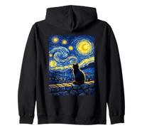 Gato Negro Van Gogh Noche Estrellada Pueblo Mágico Pacífico Sudadera con Capucha
