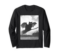 Gato Negro Volando con Escoba de Bruja alas de murciélago Espeluznante Halloween Manga Larga