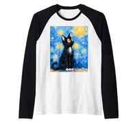 Gato Noche Estrellada Van Gogh Cat Divertido Gato Negro Arte gráfico Camiseta Manga Raglan