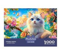 Gato peludoso en Rama de florecimiento con Mariposas Puzzle De 1000 Piezas Lindo Gato Mascota, Excelente Juego para Adultos Y Niños 52x38cm/1000pcs