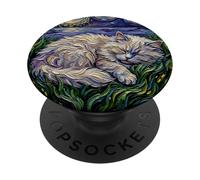 Gato Persa Blanco durmiendo Noche Estrellada Luna Obra de Arte PopSockets PopGrip Adhesivo