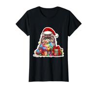 Gato Persa Luces de Navidad Sombrero de Papá Noel Dueño Amante Vacaciones Camiseta gráfica económica, Mujer, Negro, S