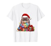 Gato Persa Luces de Navidad Sombrero de Papá Noel Dueño Amante Vacaciones Camiseta gráfica económica, Hombre, Blanco, M