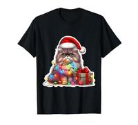Gato Persa Luces de Navidad Sombrero de Papá Noel Dueño Amante Vacaciones Camiseta gráfica económica, Hombre, Negro, XL