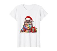 Gato Persa Luces de Navidad Sombrero de Papá Noel Dueño Amante Vacaciones Camiseta gráfica económica, Mujer, Blanco, L