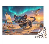 Gato Pintor en la Playa Puzzle de 1000 Piezas Papel para Adultos Escena de Aurora Mar Puzzle para Toda la Familia Relajación Decoración Regalo 70x50cm/1000pcs