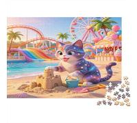 Gato Playa Castillo de Arena Puzzle para Adultos Puzzle de 1000 Piezas Papel Escena Parque Diversión Ocio Decoración Hogar Regalo 38x26cm/1000pcs
