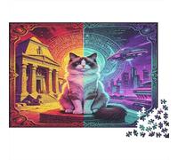 Gato Retro Futurista Puzzle de 1000 Piezas Set de Puzzle 1000 Piezas Papel para Adultos Noche Templo Ciudad Relajante Decoración Hogar Regalo Familia 38x26cm/1000pcs