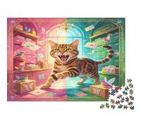 Gato Saltando Biblioteca Fantástica Puzzle de 1000 Piezas Puzzle para Adultos Papel Sala Colorida Puzzle para Toda la Familia Relajación Hogar Regalo 52x38cm/1000pcs
