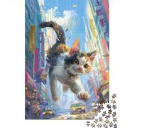 Gato Saltando en la Ciudad Puzzle de 1000 Piezas Papel para Adultos Escena Urbana Dinámica Juego de Puzzle 1000 Piezas Decoración Regalo Relajante 38x26cm/1000pcs