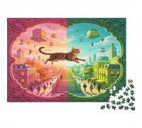 Gato Saltando Puzzle de 1000 Piezas Papel para Adultos Ciudad Dividida Colorida Juego de Puzzle 1000 Piezas Relajación Decoración Hogar 70x50cm/1000pcs