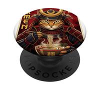 Gato Samurai Comiendo Ramen Japonés Retro Guerrero Japón PopSockets PopGrip Adhesivo