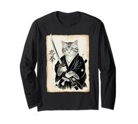 Gato Samurai Divertido Vintage Ukiyo-e Arte Guerrero Japonés Japón Manga Larga