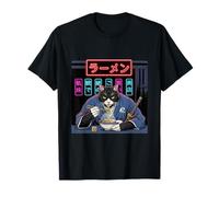 Gato Samurai Esmoquin Comiendo Ramen Comida Japonesa Camiseta