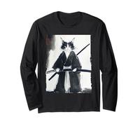 Gato samurai japonés de tinta arte divertido guerrero espadachín regalo Manga Larga