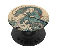 Gato Samurai Montando Dragón Gran Ola Ukiyo-e Arte Japonés PopSockets PopGrip Adhesivo