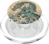 Gato Samurai Montando Dragón Gran Ola Ukiyo-e Arte Japonés PopSockets PopGrip para MagSafe