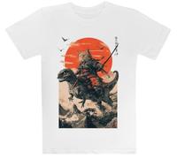 Gato Samurái Montando Un Dinosaurio Camiseta Blanca para Niños Camiseta De Manga Corta para Niños Kids White tee Children Short Sleeve T-Shirt