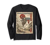 Gato Samurai Montando un Gallo Gigante japonés Ukiyo-e Art Manga Larga