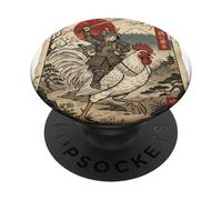 Gato Samurai Montando un Gallo Gigante japonés Ukiyo-e Art PopSockets PopGrip Adhesivo