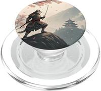 Gato samurái noble con Katana entre pétalos PopSockets PopGrip para MagSafe