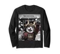 Gato Samurai Último día de Escuela Vacaciones de Verano Divertido Selfie Manga Larga