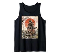 Gato samurái Vintage Montando Tortuga, Flor de Cerezo Japonesa Camiseta sin Mangas