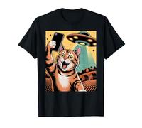 Gato Selfie OVNI Abducción Arte Retro Camiseta