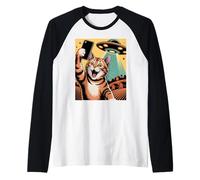 Gato Selfie OVNI Abducción Arte Retro Camiseta Manga Raglan