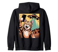 Gato Selfie OVNI Abducción Arte Retro Sudadera con Capucha