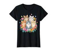 Gato Siberiano Gatitos Coloridos Gato Siberiano Floral Camiseta gráfica económica, Mujer, Negro, XL