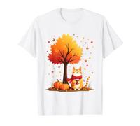 Gato sosteniendo café Helado bajo otoño árbol otoño Acción de Gracias Camiseta gráfica económica, Hombre, Blanco, S