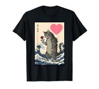 Gato Sosteniendo Rosa Gran Ola Ukiyo-e Día de San Valentín Camiseta