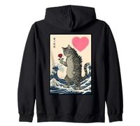 Gato Sosteniendo Rosa Gran Ola Ukiyo-e Día de San Valentín Sudadera con Capucha
