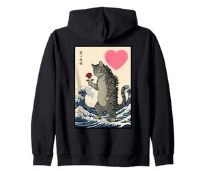 Gato Sosteniendo Rosa Gran Ola Ukiyo-e Día de San Valentín Sudadera con Capucha