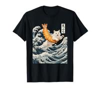 Gato Surfeando Camarones Tempura Japonés Ukiyo-e Sushi Gran Ola Camiseta