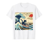 Gato Surfing Hokusai Gran Ola Fuera Kanagawa Arte Japonés Camiseta gráfica económica, Hombre, Blanco, L