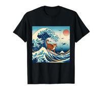 Gato Surfing Hokusai Gran Ola Fuera Kanagawa Arte Japonés Camiseta gráfica económica, Hombre, Negro, L