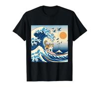 Gato Surfing Hokusai Gran Ola Fuera Kanagawa Arte Japonés Camiseta gráfica económica, Hombre, Negro, XL