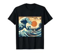 Gato Surfing Hokusai Gran Ola Fuera Kanagawa Arte Japonés Camiseta gráfica económica, Hombre, Negro, XL